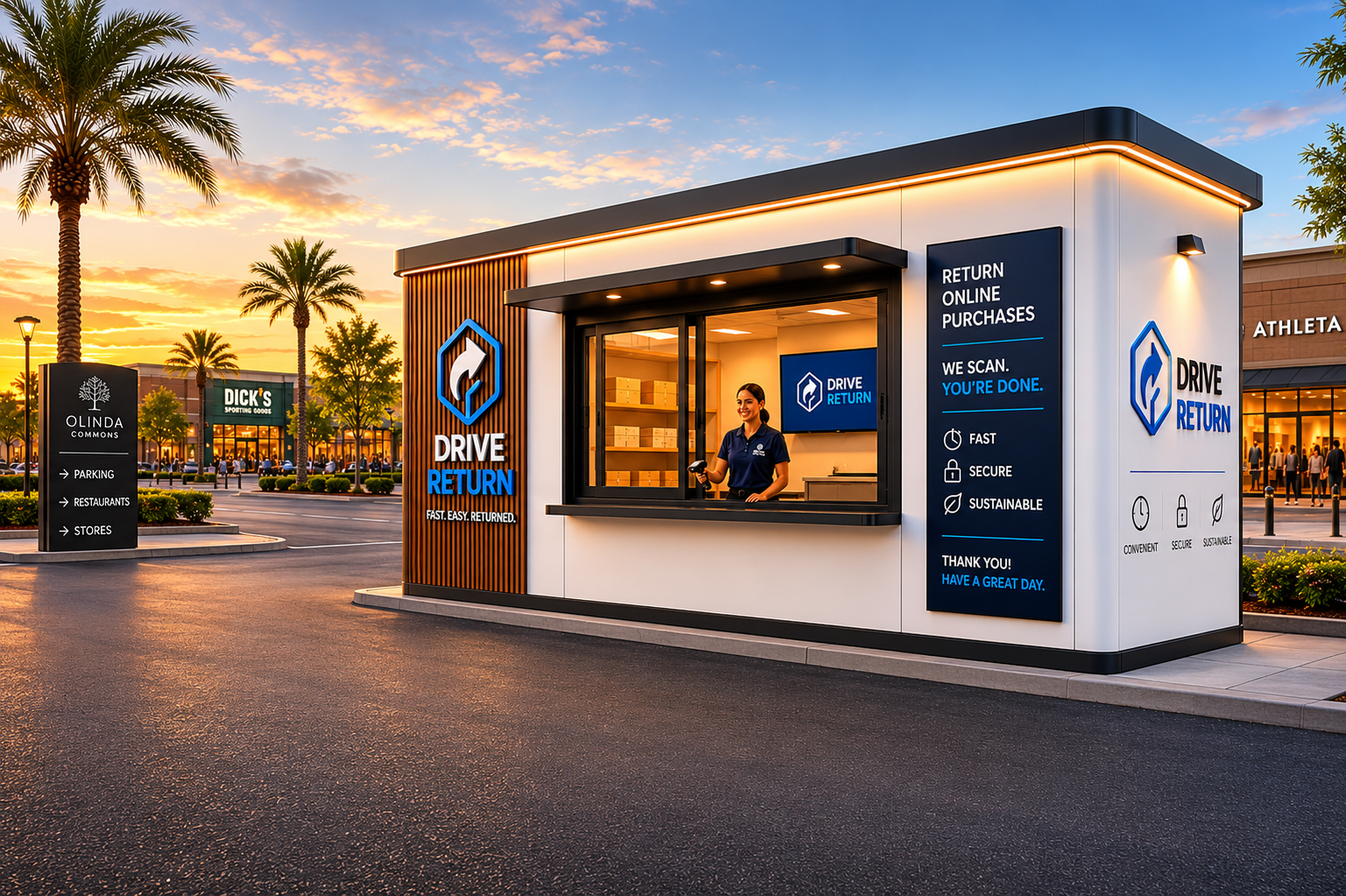 Drive Return kiosk at a shopping center at sunset
