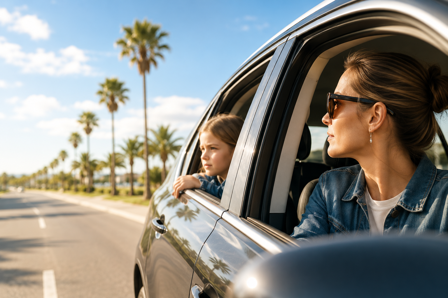 Mother and daughter on a sunny road trip